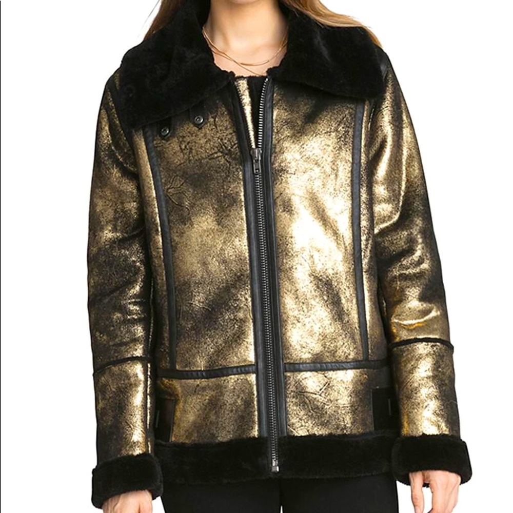 Avec Les Filles Metallic Foil Faux Shearling Biker Jacket